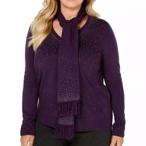 💕 NWT Purple Rhinestone V Neck Sweater Scarf Set